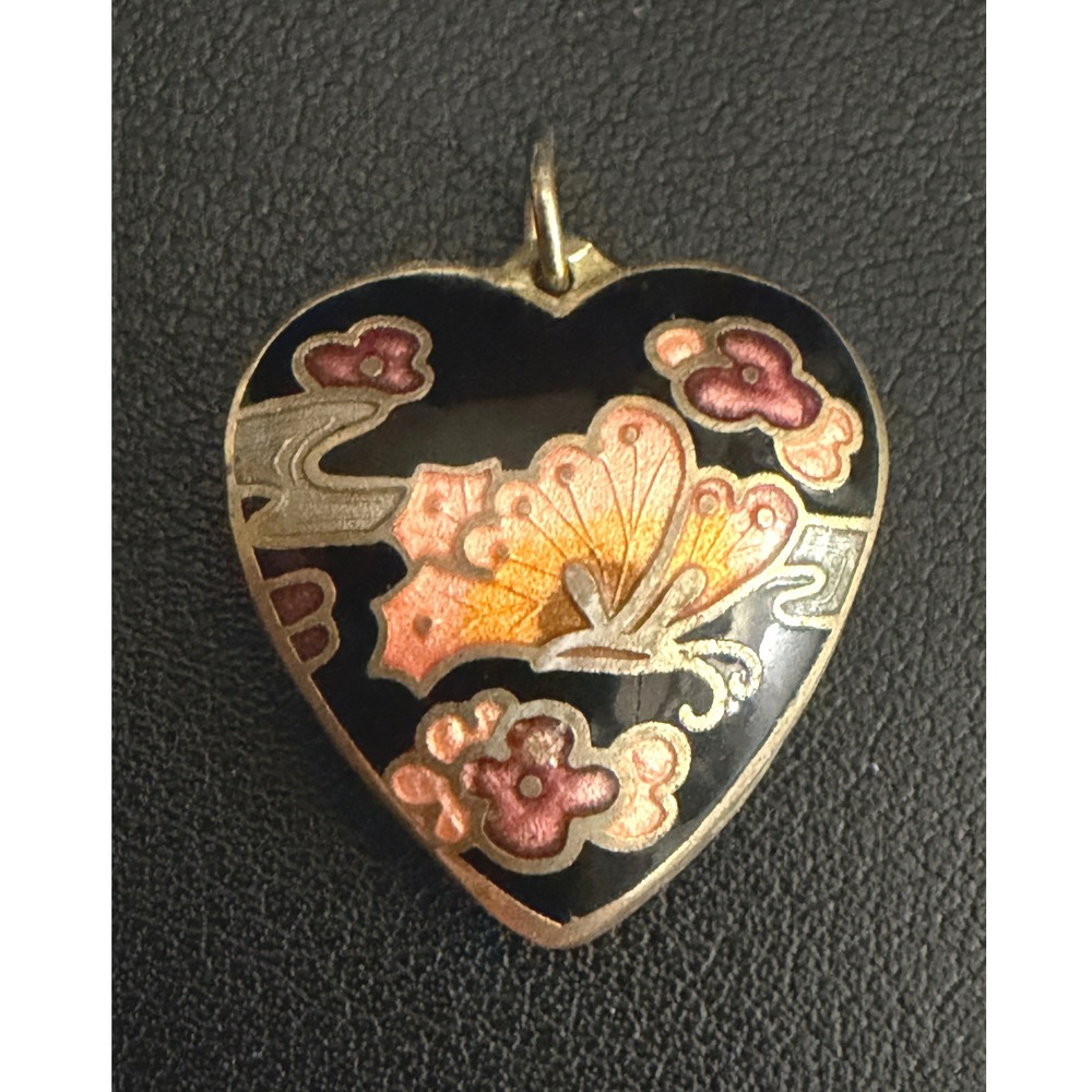 Vintage Cloisonne Pendant Heart Black Butterfly Floral